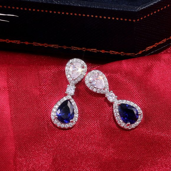 NEW Silver Blue Teardrop Sapphire Diamond Earrings - Picture 2 of 7